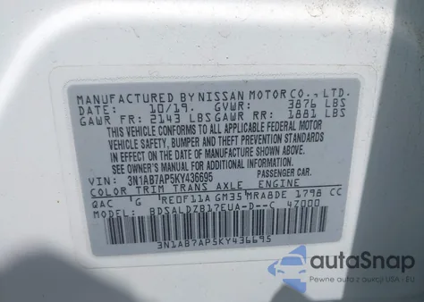 2019 Nissan Sentra Sv z USA, uszkodzony, nr VIN 3N1AB7AP5KY436695